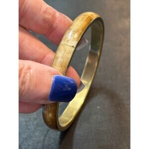 Vintage Bone Bangle Bracelet 18g Inlaid Bone With Brass Liner Size 8”